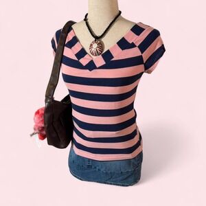 Pearl Star Vintage Y2K Striped Baby Tee Pink Navy Blue V-Neck XS Preppy Coquette